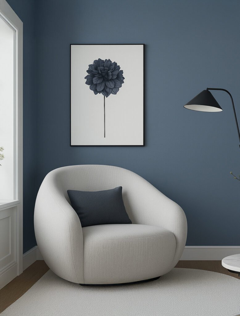 Minimalist living room corner with a white armchair, dark blue wall, modern floor lamp, and a monochrome floral wall painting.