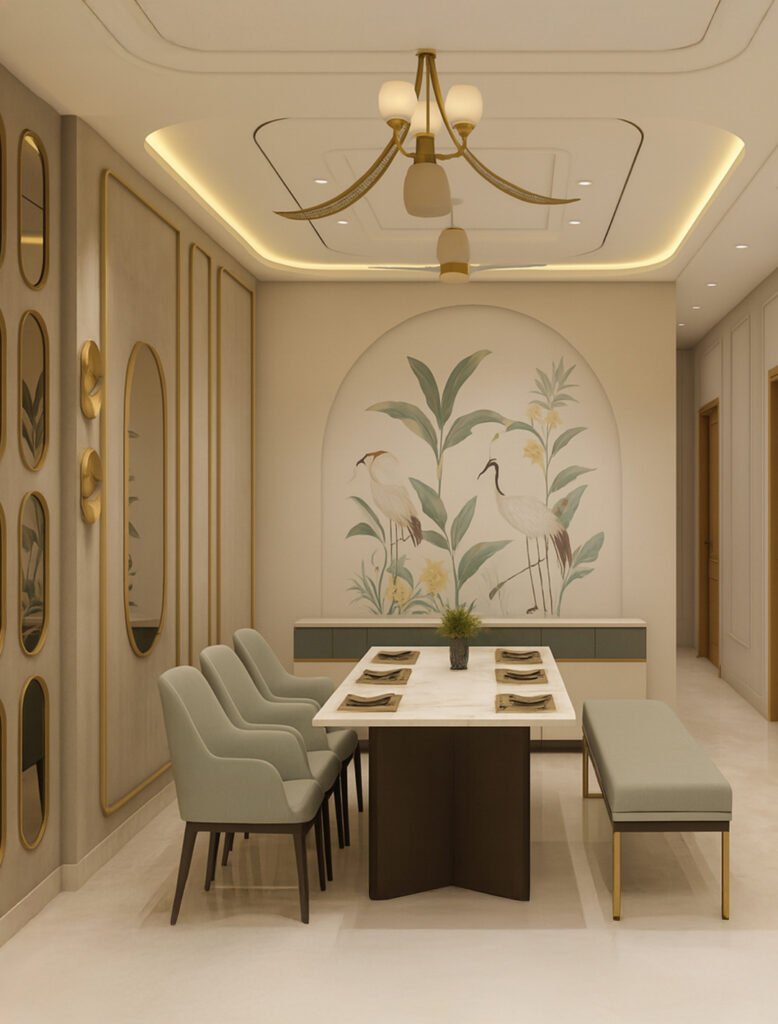 Minimalist modern bedroom featuring a large built-in wooden wardrobe with natural oak finish, black vertical handles, and upper storage compartments. The room includes a beige upholstered bed with gray bedding and matching neutral curtains, highlighted by light wooden flooring and soft natural lighting.