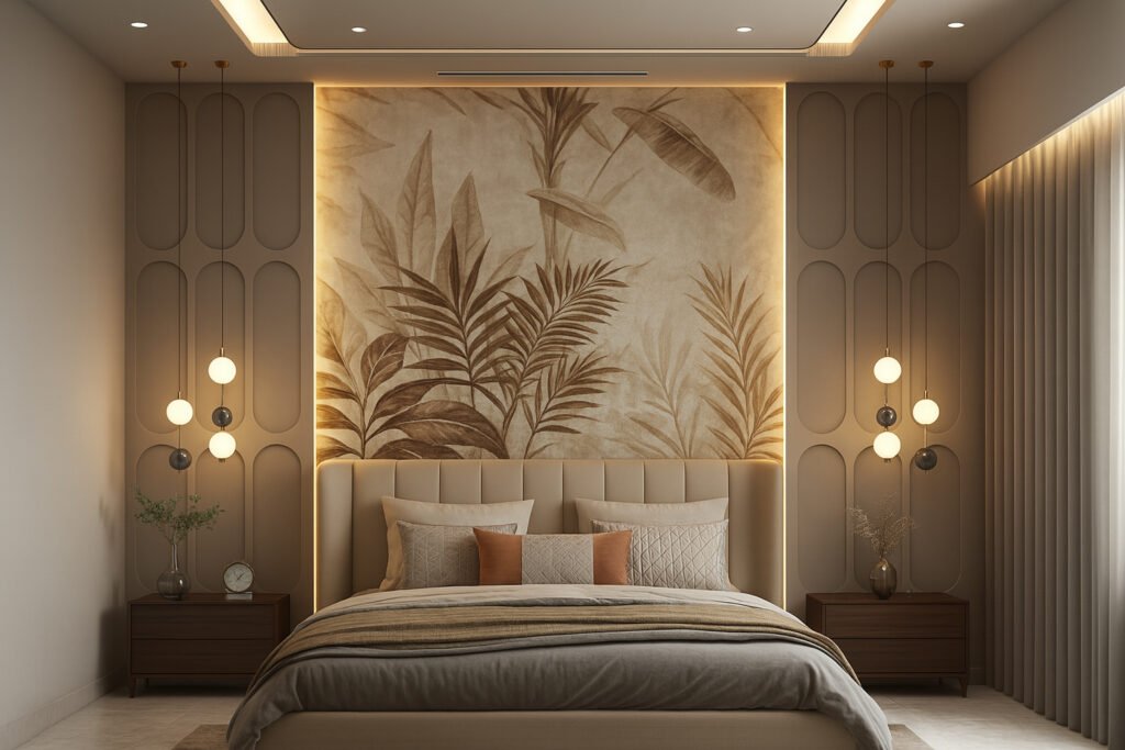 Modern bedroom featuring a soft neutral palette with a large upholstered bed, layered bedding, and accent pillows. The statement wall behind the bed has illuminated, oversized tropical leaf art with indirect warm lighting, flanked by vertical panels and contemporary pendant lamps. Each side of the bed includes a dark wooden nightstand with minimalist decor, and the space is filled with soft, ambient lighting for a cozy and elegant atmosphere.