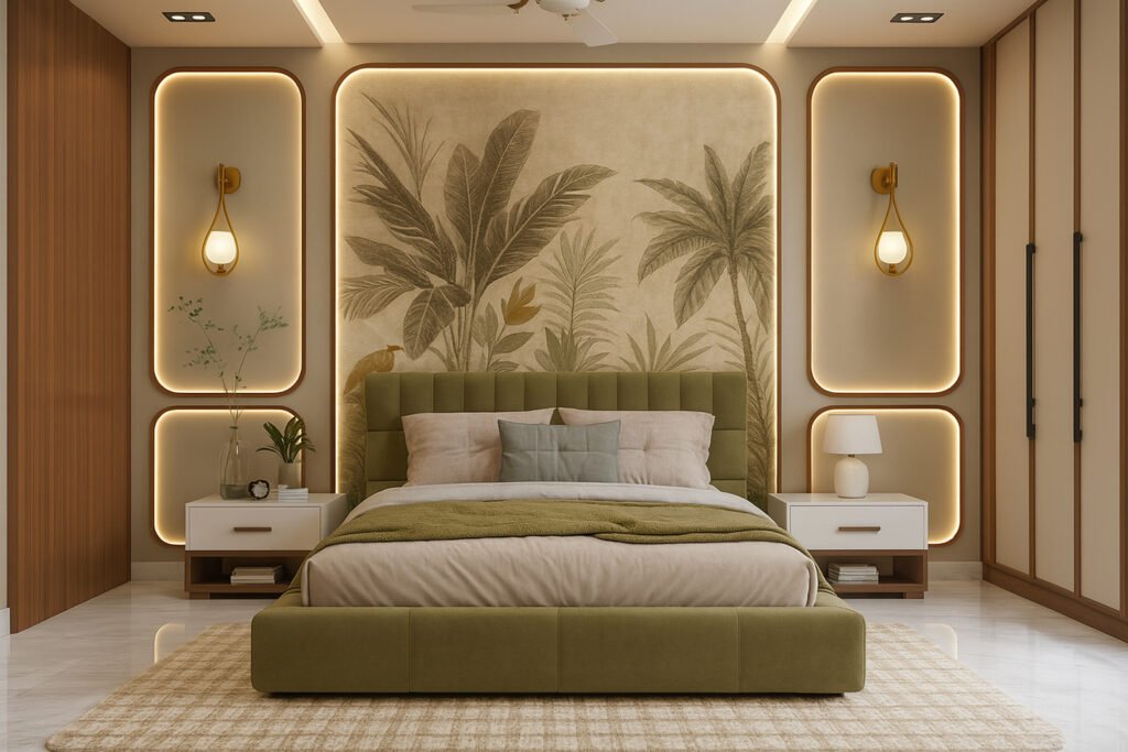 Modern bedroom with a nature-inspired mural of tropical leaves and birds behind an olive green upholstered bed, warm recessed panel lighting, wooden nightstands with minimalist decor, pendant wall sconces, neutral bedding, and a cozy checkered area rug for a calming, stylish atmosphere.