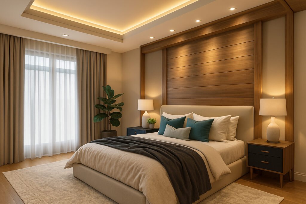 Modern bedroom with a large upholstered bed in neutral tones, wooden accent wall with recessed lighting, two matching nightstands with lamps, a potted plant, floor-to-ceiling beige curtains, a soft area rug, and overall warm ambient lighting.