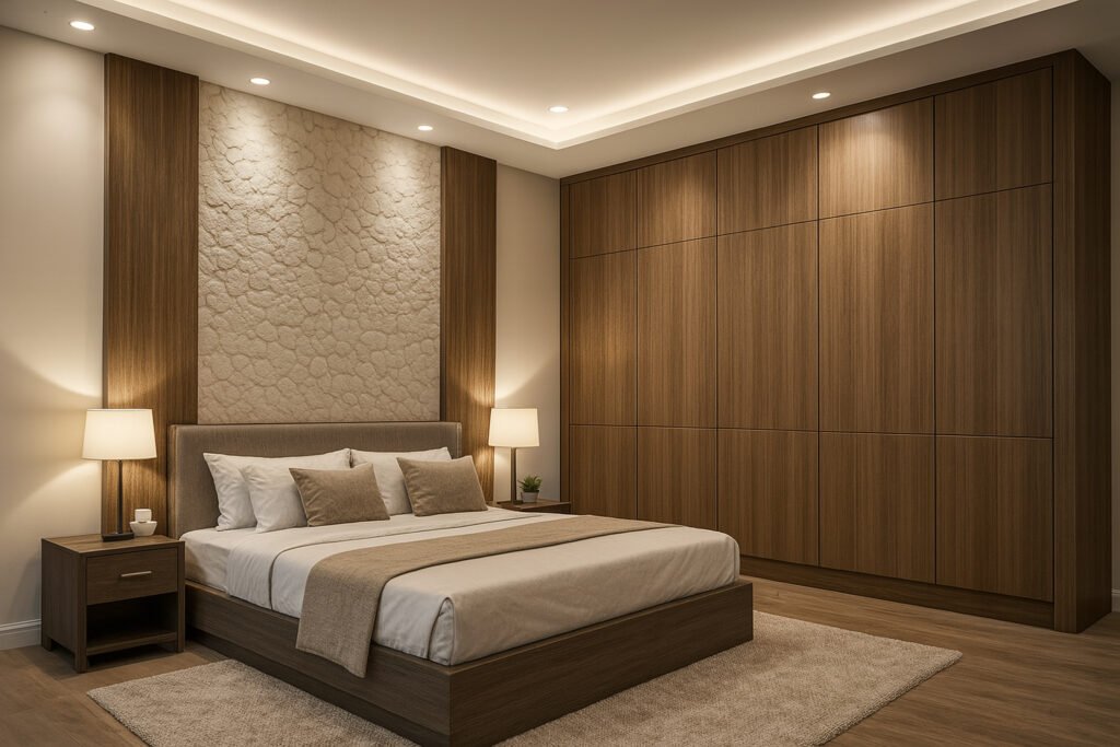 Modern bedroom with minimalist design, featuring a large wooden platform bed with neutral bedding and several accent pillows. Flanked by matching wooden nightstands with table lamps, the space includes a textured beige wall panel behind the headboard, extensive built-in wooden wardrobes, recessed ceiling and wall lighting, a beige area rug, and a soft, inviting ambiance.
