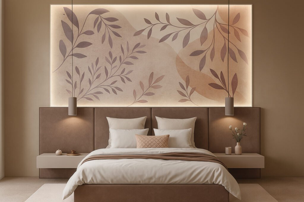 Modern bedroom with earthy-toned decor, featuring a large bed with white and taupe bedding, elegant hanging pendant lights, minimalistic floating nightstands, and a striking illuminated wall panel with abstract botanical artwork in soft beige and mauve hues.