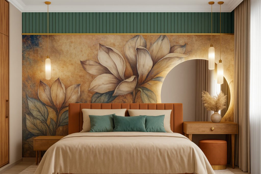 Modern bedroom with a large, artistic floral mural behind a rust-colored tufted headboard bed, teal accent pillows, wood nightstands, pendant lights, round wall mirror above a vanity table with a vase, and warm natural light through curtains.