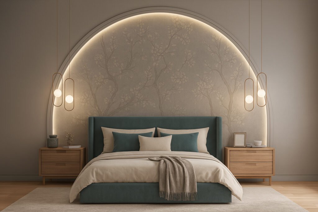 Modern bedroom with a teal upholstered bed, cream and teal bedding, wooden nightstands, arched illuminated wall with subtle floral mural, pendant lights, and minimalistic decor for a calming yet sophisticated ambiance.
