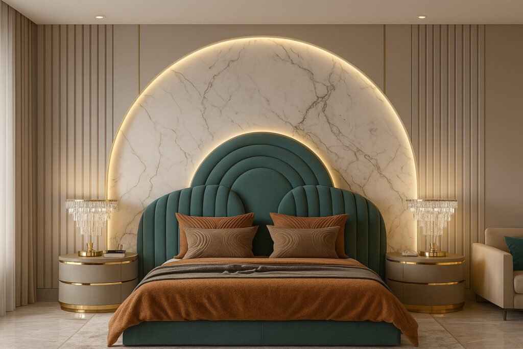 Modern luxury bedroom with an arched marble accent wall, soft cove lighting, an emerald green upholstered bedhead, warm brown bedding, paired round nightstands with crystal lamps, and elegant gold accents.