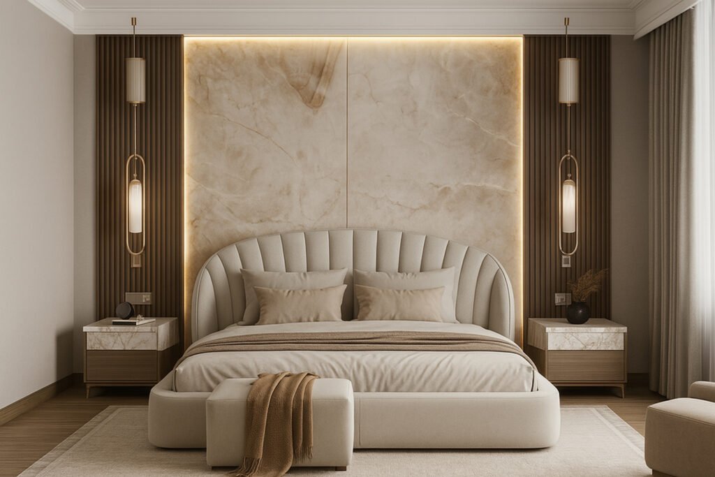 Modern luxury bedroom with a shell-shaped upholstered bed, warm neutral tones, a large marble accent wall backlit with soft cove lighting, symmetrical wooden paneling, elegant pendant lighting on both sides, stylish marble-topped nightstands, and a cozy bench at the foot of the bed.