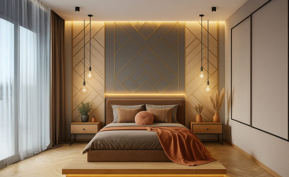 Modern bedroom with geometric wall paneling and warm ambient LED lighting, featuring a platform bed with brown and gray bedding, orange accent blanket and pillow, floating nightstands, hanging pendant lights, and minimalist decorative items.