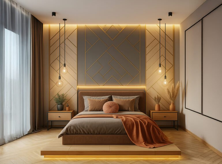 Modern bedroom with geometric wall paneling and warm ambient LED lighting, featuring a platform bed with brown and gray bedding, orange accent blanket and pillow, floating nightstands, hanging pendant lights, and minimalist decorative items.