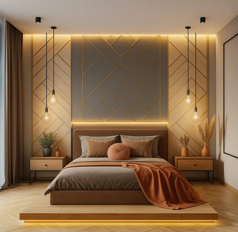 Modern bedroom with geometric wall paneling and warm ambient LED lighting, featuring a platform bed with brown and gray bedding, orange accent blanket and pillow, floating nightstands, hanging pendant lights, and minimalist decorative items.