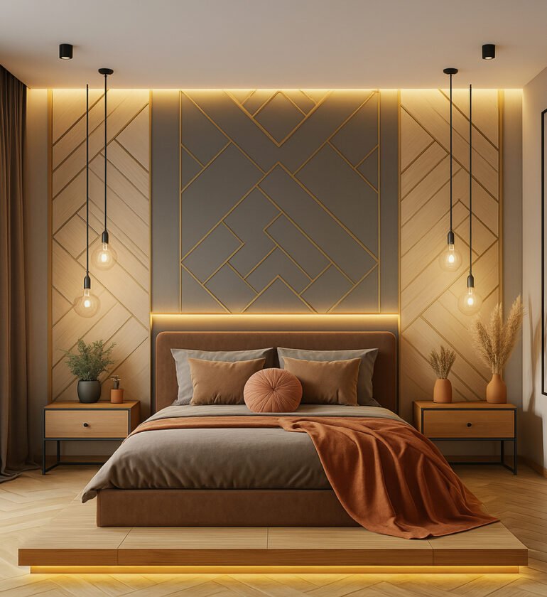 Modern bedroom with geometric wall paneling and warm ambient LED lighting, featuring a platform bed with brown and gray bedding, orange accent blanket and pillow, floating nightstands, hanging pendant lights, and minimalist decorative items.