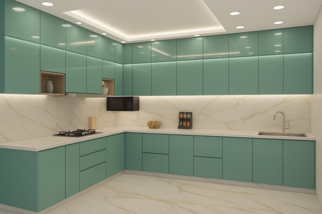 Modern L-shaped kitchen with glossy teal cabinets, white marble countertops and backsplash with gold veining, built-in gas stove, sink, microwave, and minimalistic decor. Ceiling features recessed and cove lighting, giving the space a sleek, contemporary look.