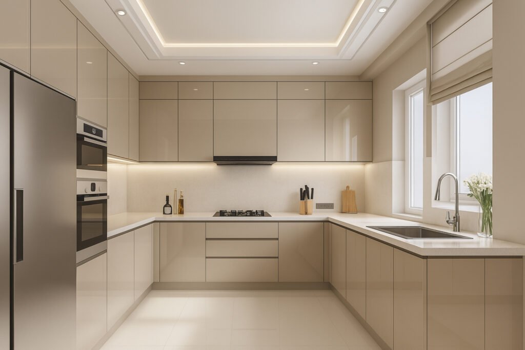Modern U-shaped kitchen with glossy beige cabinets, sleek white countertops, integrated gas cooktop, built-in oven and microwave, stainless steel refrigerator, under-cabinet LED lighting, minimalist decor with knife block and oil bottles, rectangular double sink by two windows, and recessed ceiling lighting for a bright and clean look.