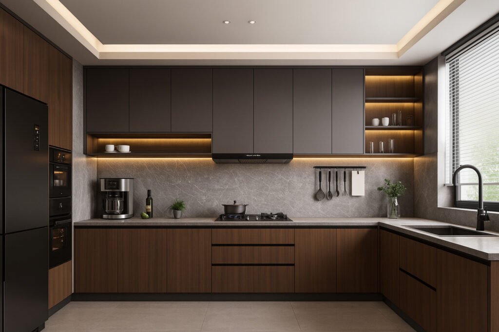 Modern L-shaped kitchen with sleek matte black and walnut wood cabinets, neutral gray stone backsplash and countertops, integrated gas cooktop with a pot, built-in oven and microwave, under-cabinet LED lighting, black sink and faucet by a large window, minimalist open shelving displaying glassware and decor, and soft recessed ceiling lights for a warm and sophisticated ambiance.