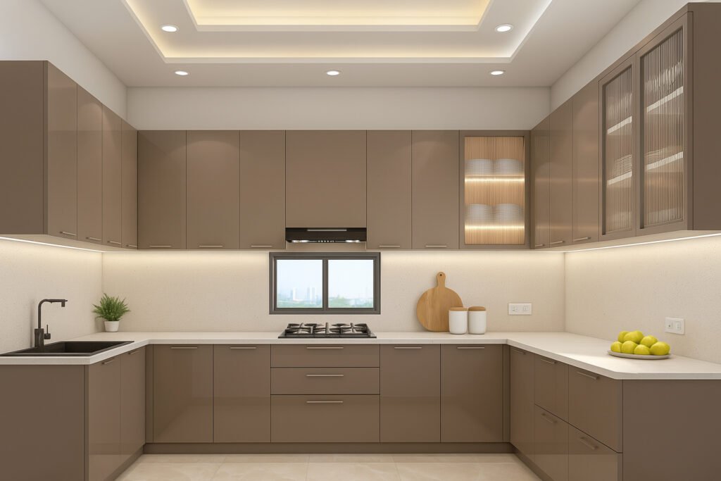 Modern U-shaped kitchen with glossy taupe cabinets, white countertops, integrated gas cooktop, under-cabinet LED lighting, minimalist decor, open wooden shelving with plates, display glass cabinets, round chopping boards, potted plant by a black sink, a bowl of green apples, and bright recessed ceiling lighting for a clean, elegant look.