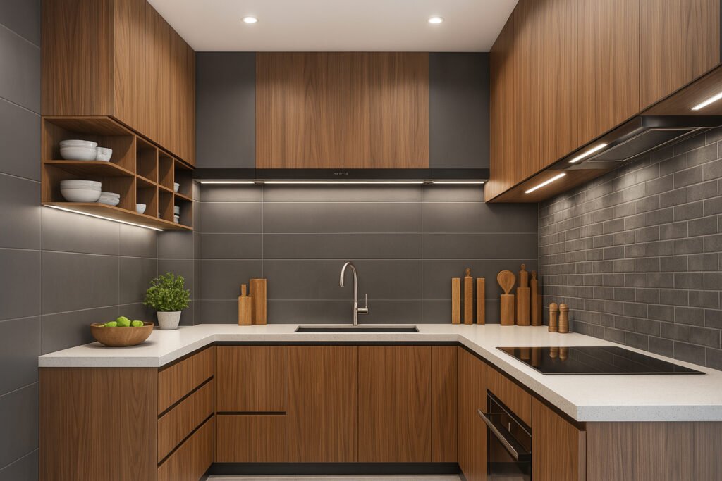 Modern U-shaped kitchen featuring rich wood cabinetry with a natural grain finish, sleek white countertops, integrated sink with a high-arch faucet, electric cooktop with built-in oven, and minimalist open shelving displaying bowls. The walls are clad in large matte charcoal tiles and textured gray subway tiles, under-cabinet LED strip lighting enhances the workspace, and subtle decorative elements like a bowl of green apples and wooden utensils add warmth and elegance.