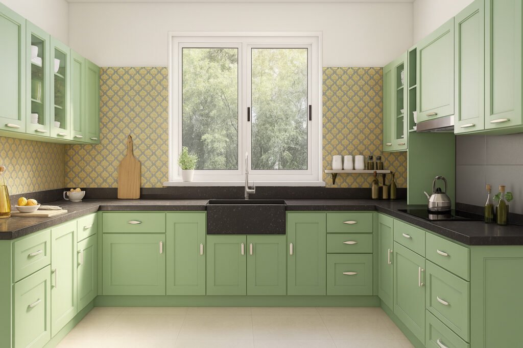 Modern U-shaped kitchen with pastel green cabinets, black countertops, large farmhouse sink, and central window overlooking greenery. The space features patterned yellow and gray backsplash tiles, upper cabinets with glass display doors, minimalist open shelving with cups and jars, stainless steel kettle, decorative cutting board, oil and vinegar bottles, and subtle accent decor. The overall ambiance is bright, clean, and cheerful.