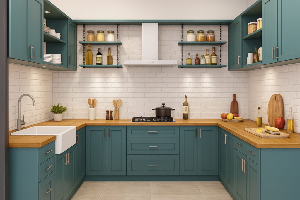 Modern U-shaped kitchen with pastel green cabinets, wood countertops, large white farmhouse sink, open shelving with jars and bottles, integrated gas cooktop below a white chimney hood, exposed brick-style backsplash in white, and neatly organized wooden and ceramic kitchen accessories. The space is bright, with under-cabinet lighting, decorative fruits and oils on the counters, and a warm, inviting atmosphere.