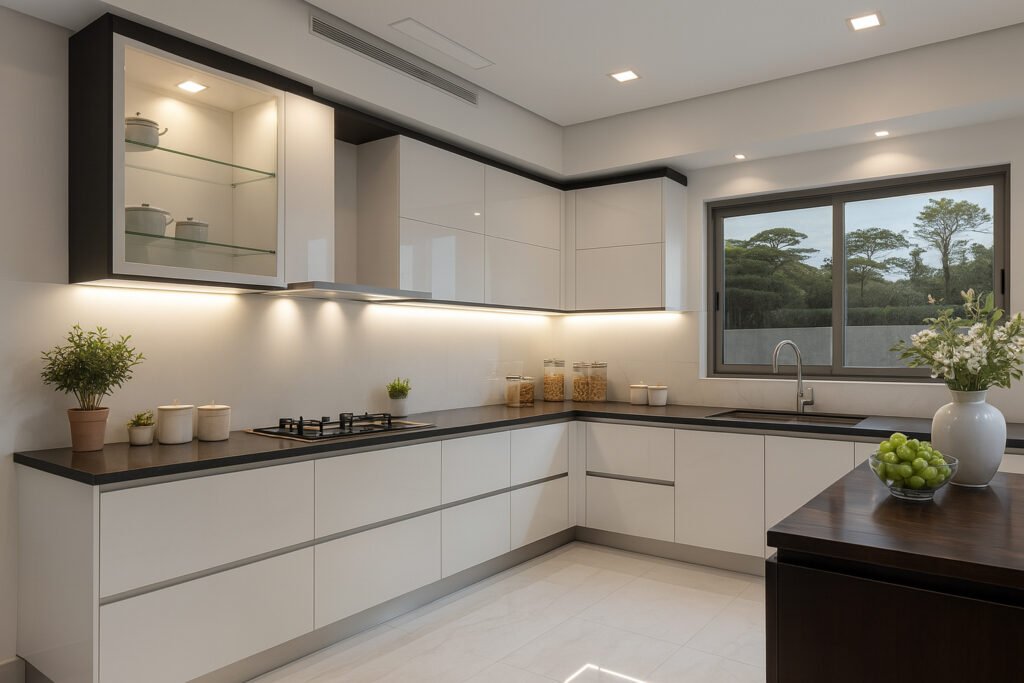 Modern U-shaped kitchen with sleek white handleless cabinets, black countertops, glass display cabinets with under-cabinet lighting, minimalist built-in cooktop, undermount sink by a large window, decorative greenery, jars, and vases for a clean, contemporary look.