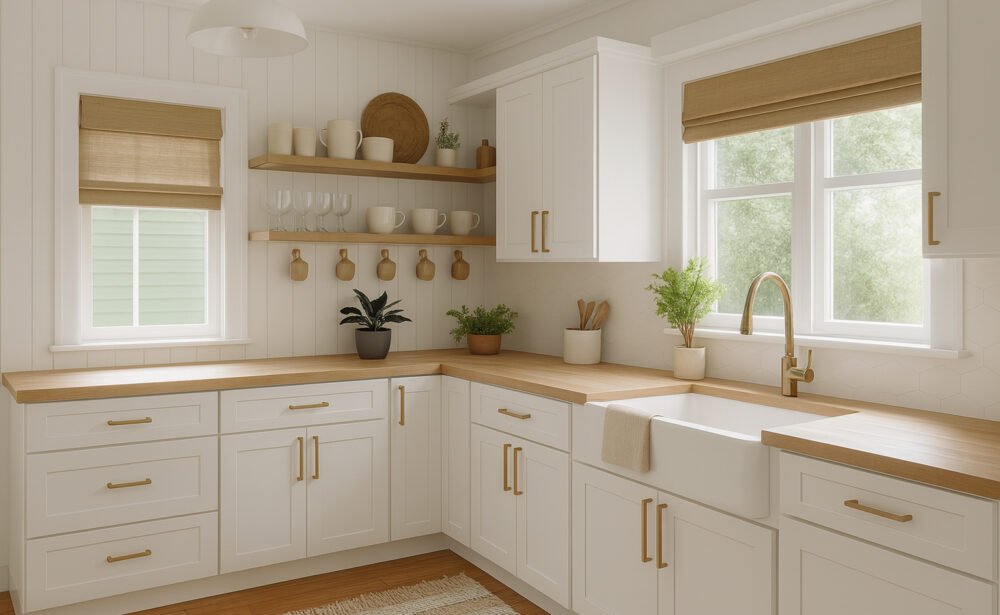 Bright, modern kitchen with white shaker-style cabinets, light wood countertops, and gold hardware. A large farmhouse sink sits beneath two windows with tan Roman blinds, letting in abundant natural light. The space features open wood shelves holding white crockery and glasses, hanging mugs, and potted green plants adding a fresh touch. Light wood flooring, a neutral area rug, minimalist pendant lighting, and a soft, clean color palette complete the inviting, functional design.