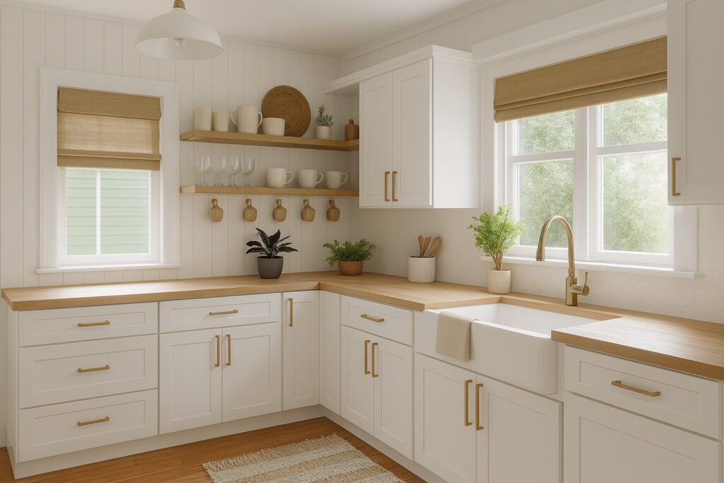 Bright, modern kitchen with white shaker-style cabinets, light wood countertops, and gold hardware. A large farmhouse sink sits beneath two windows with tan Roman blinds, letting in abundant natural light. The space features open wood shelves holding white crockery and glasses, hanging mugs, and potted green plants adding a fresh touch. Light wood flooring, a neutral area rug, minimalist pendant lighting, and a soft, clean color palette complete the inviting, functional design.