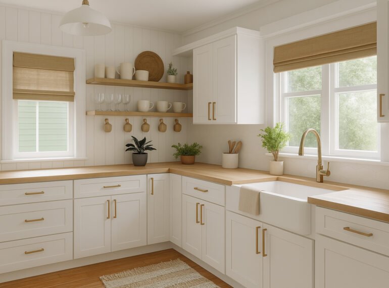 Bright, modern kitchen with white shaker-style cabinets, light wood countertops, and gold hardware. A large farmhouse sink sits beneath two windows with tan Roman blinds, letting in abundant natural light. The space features open wood shelves holding white crockery and glasses, hanging mugs, and potted green plants adding a fresh touch. Light wood flooring, a neutral area rug, minimalist pendant lighting, and a soft, clean color palette complete the inviting, functional design.