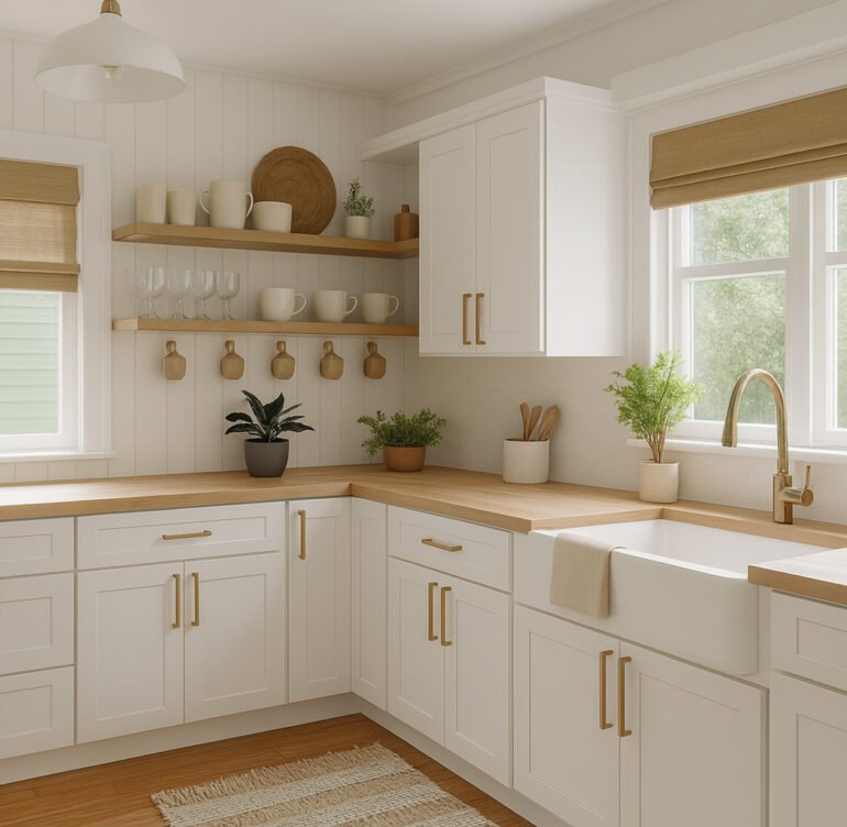 Bright, modern kitchen with white shaker-style cabinets, light wood countertops, and gold hardware. A large farmhouse sink sits beneath two windows with tan Roman blinds, letting in abundant natural light. The space features open wood shelves holding white crockery and glasses, hanging mugs, and potted green plants adding a fresh touch. Light wood flooring, a neutral area rug, minimalist pendant lighting, and a soft, clean color palette complete the inviting, functional design.