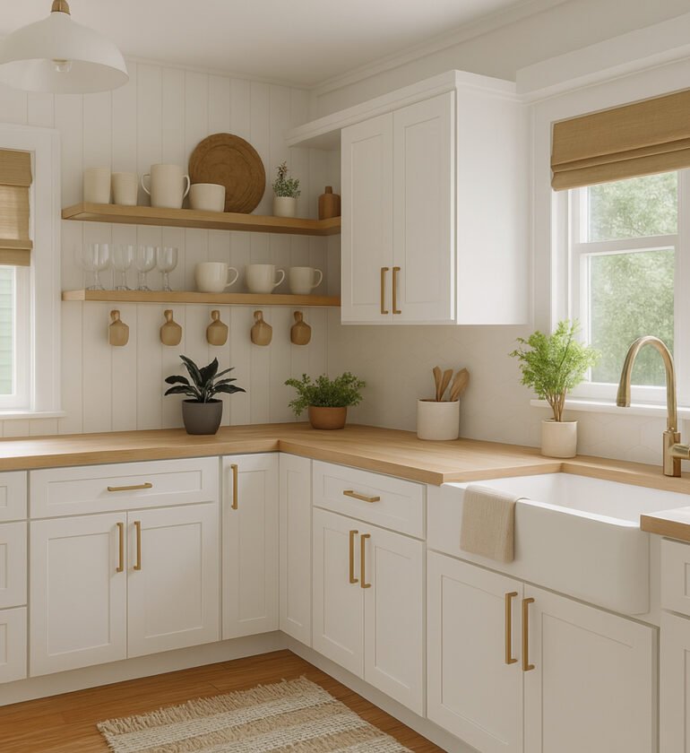 Bright, modern kitchen with white shaker-style cabinets, light wood countertops, and gold hardware. A large farmhouse sink sits beneath two windows with tan Roman blinds, letting in abundant natural light. The space features open wood shelves holding white crockery and glasses, hanging mugs, and potted green plants adding a fresh touch. Light wood flooring, a neutral area rug, minimalist pendant lighting, and a soft, clean color palette complete the inviting, functional design.
