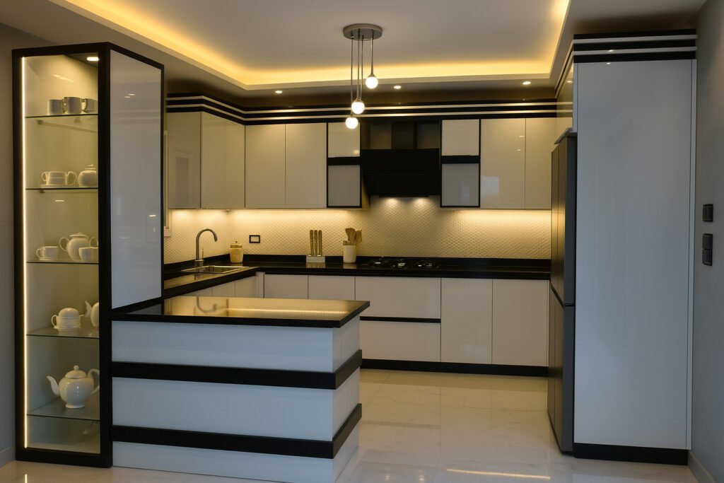 Modern modular kitchen with a striking black and white color palette. Features glossy white cabinets with black horizontal edging, sleek black countertops, and an integrated cooktop beneath a modern black chimney hood. There is a glass-fronted display cabinet with white ceramic teapots and cups, as well as a central peninsula for added workspace. Warm under-cabinet and cove ceiling lighting, minimalist decor, and a pendant light fixture enhance the sophisticated, contemporary atmosphere.