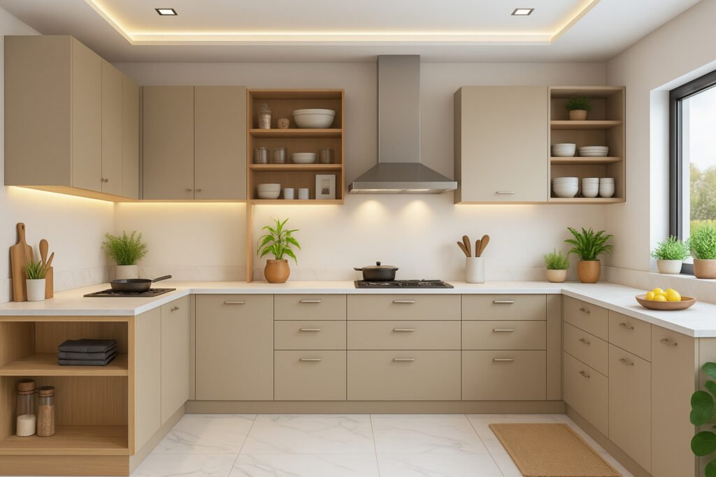 Modern U-shaped kitchen with matte taupe cabinets, white quartz countertops, integrated cooktop and chimney, built-in open shelving with neatly arranged dishes and plants, under-cabinet LED lighting, minimalistic decor, and large window letting in natural light. Open shelving on one side displays jars and folded linens, while potted greenery adds a fresh touch throughout.