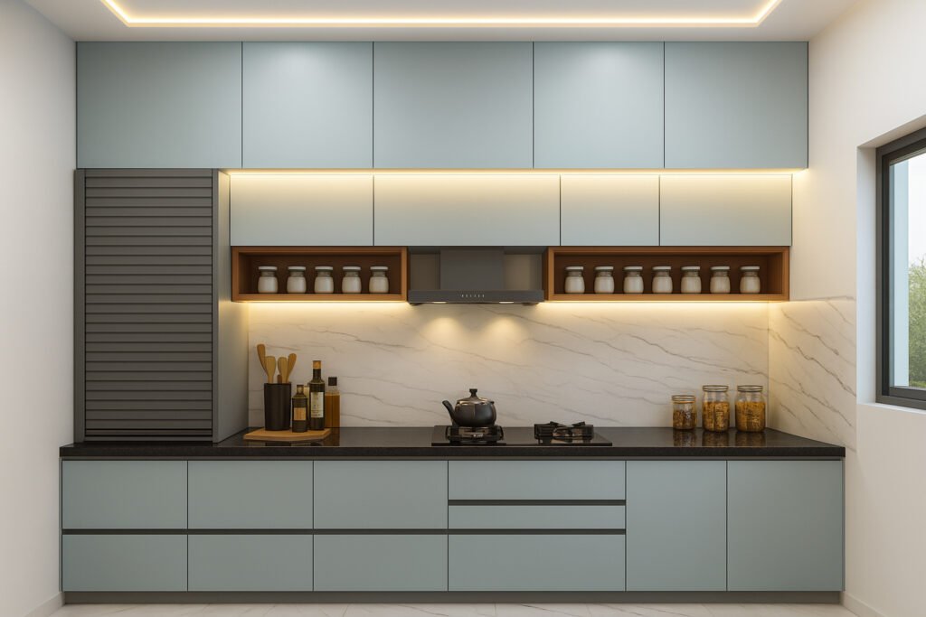 Modern minimalist kitchen with sleek pale blue cabinets, black countertop, built-in stove, wall-mounted range hood, and marble-look backsplash. Upper cabinetry includes open wooden shelves with neatly arranged jars. Soft under-cabinet cove lighting and recessed ceiling lights add warmth. The window allows natural light, and countertop accessories include utensils, oil bottles, and glass storage jars.