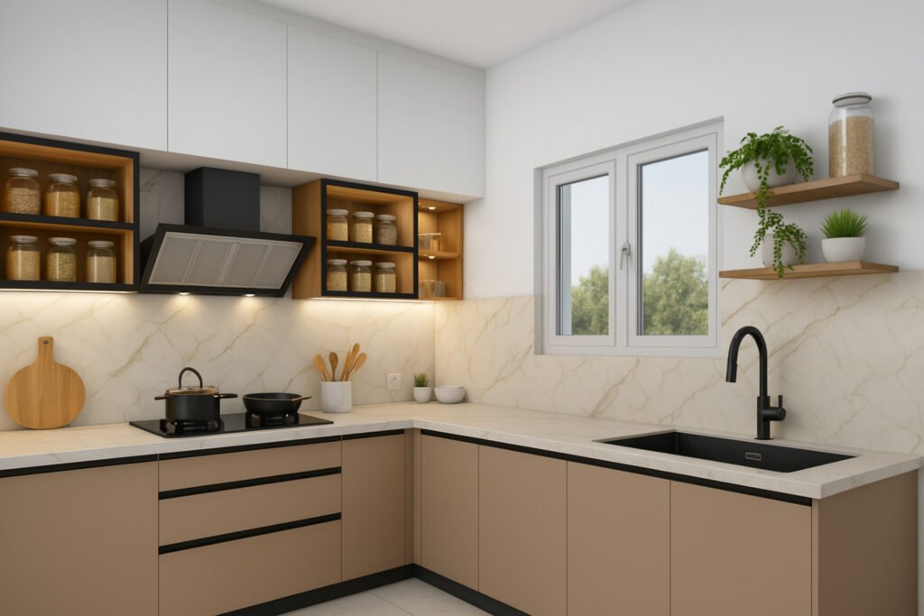Modern modular kitchen with beige lower cabinets and white upper cabinets, marble-look backsplash and countertops, black sink with a matte black faucet, corner stove with pots, built-in chimney, open wood and black shelving displaying glass jars, and floating wooden wall shelves with decorative plants and storage jars. Window above the sink brings in natural light, and subtle under-cabinet lighting adds warmth to the space.