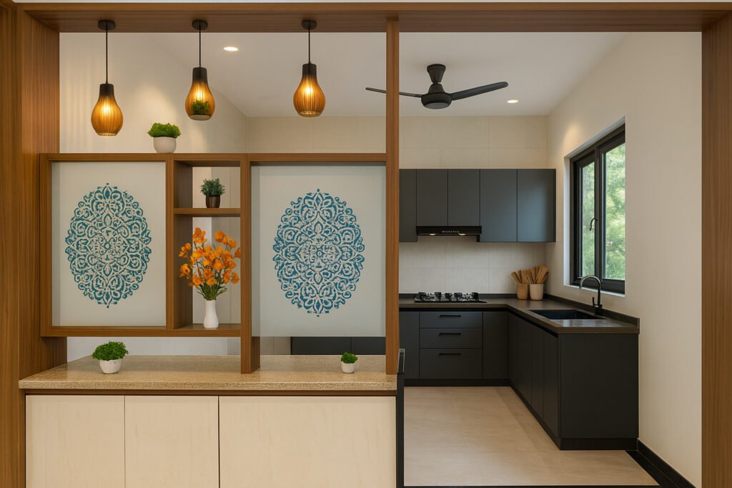 Modern modular kitchen with a sleek open partition featuring frosted glass panels with intricate blue patterns, warm wood framing, and small shelves displaying plants and a flower vase. The kitchen has matte dark grey cabinets in an L-shaped layout, black countertops, a built-in stove with chimney, and a black sink. Large window brings in natural light, and pendant lights with warm amber tones hang over the serving counter, creating a welcoming, contemporary space.