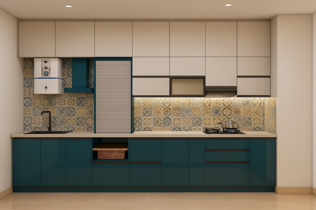 Modern modular kitchen with teal base cabinets and light beige upper cabinets, beige countertops, eye-catching patterned tile backsplash in blue and gold, under-cabinet LED lighting, built-in gas cooktop with a stainless steel pot, sleek black faucet over a deep sink, integrated water purifier, and organised cabinetry for a clean, functional appearance.