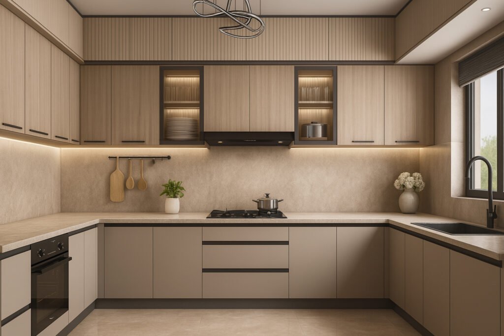 Modern modular kitchen with matte beige and taupe cabinetry in a U-shaped layout, integrated cooktop with a stainless steel pot, beige countertops, glass-fronted wall cabinets with neatly arranged dishes, warm under-cabinet LED lighting, black sink, minimalist decor including potted plants and wooden utensils, and a large window allowing abundant natural light.