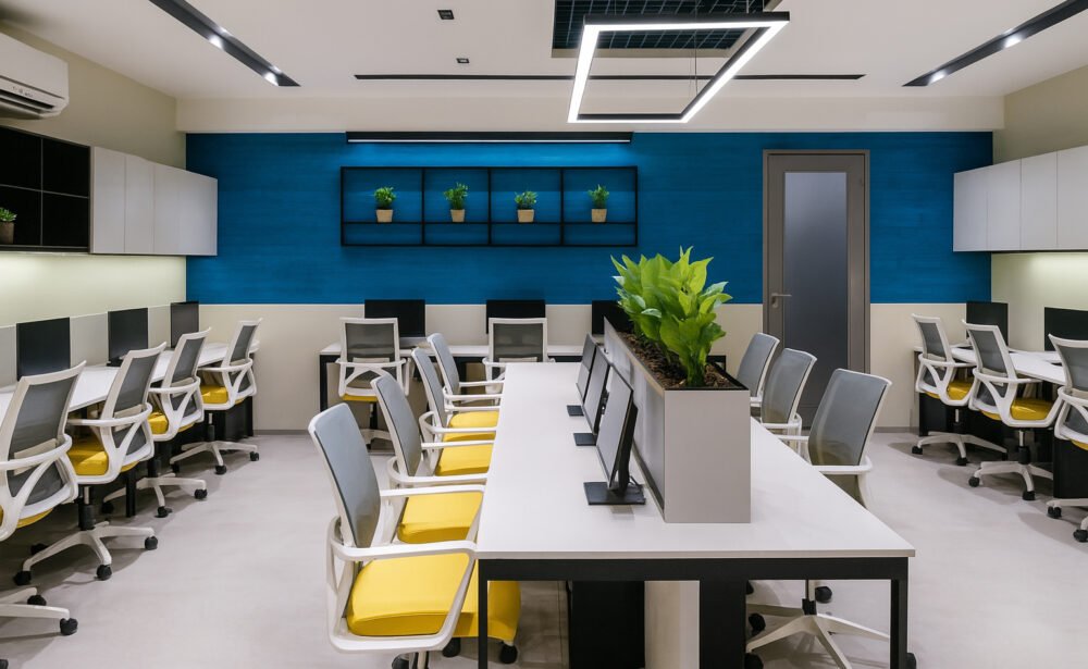 Modern open-plan office with bright overhead lighting, spacious white desks arranged in clusters, ergonomic chairs with yellow seats, and built-in monitors. The space features a striking blue accent wall, stylish hanging light fixture, shelves displaying small green potted plants, minimalist storage cabinets, and a row of tall greenery at the center for a fresh, organized look.