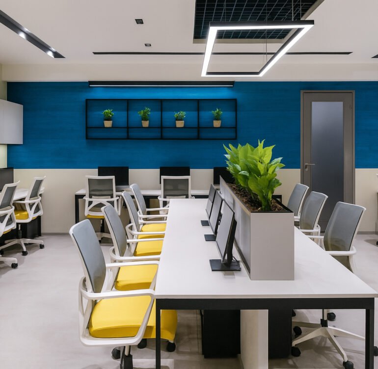 Modern open-plan office with bright overhead lighting, spacious white desks arranged in clusters, ergonomic chairs with yellow seats, and built-in monitors. The space features a striking blue accent wall, stylish hanging light fixture, shelves displaying small green potted plants, minimalist storage cabinets, and a row of tall greenery at the center for a fresh, organized look.