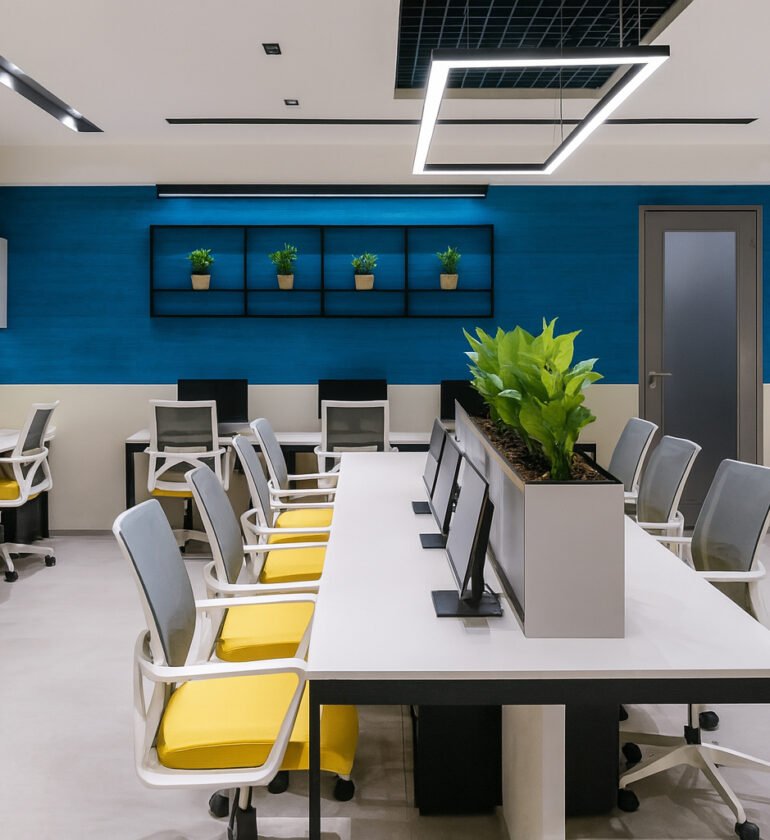 Modern open-plan office with bright overhead lighting, spacious white desks arranged in clusters, ergonomic chairs with yellow seats, and built-in monitors. The space features a striking blue accent wall, stylish hanging light fixture, shelves displaying small green potted plants, minimalist storage cabinets, and a row of tall greenery at the center for a fresh, organized look.