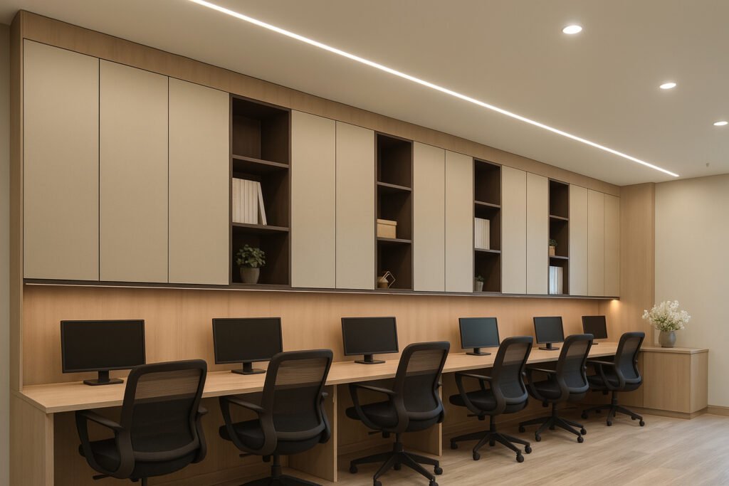 Modern minimalist office with a long built-in desk featuring seven black mesh ergonomic chairs and desktop monitors. The workspace is accented by overhead wall cabinets in neutral beige laminate, interspersed with open shelving displaying books, potted plants, and simple decor. Light wood paneling along the walls and under-cabinet lighting create a calm, inviting, and organized atmosphere. The floor is a pale wood tone, and a large vase with white flowers is placed on a side cabinet, enhancing the space's clean, professional aesthetic.