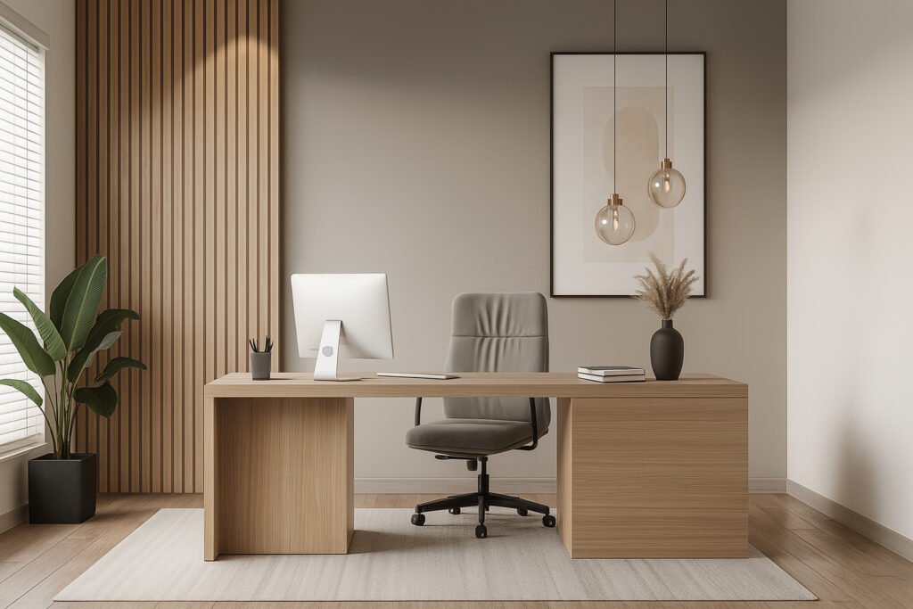 Modern executive office with minimalist décor, featuring a large L-shaped light wood desk, a sleek gray ergonomic chair, desktop computer, stacked books, and a black vase with dried grass. The space is accented by slatted wood wall panels, beige walls, pendant globe lights, subtle wall art, a potted plant, and a neutral area rug—creating a clean, organized, and sophisticated work environment.