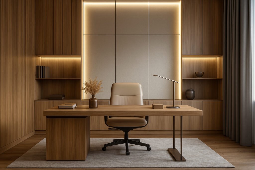 Modern executive office with a minimalist and sophisticated design. Features a large wooden executive desk with clean lines, a high-back beige ergonomic chair, a sleek desk lamp, a small brown vase with dried flowers, and a closed notebook. The backdrop consists of wood-paneled cabinetry with integrated shelves displaying minimal decor and subtle accent lighting, beige paneling on the wall behind the desk, and soft natural light coming through floor-length curtains, all contributing to an elegant and organized workspace.
