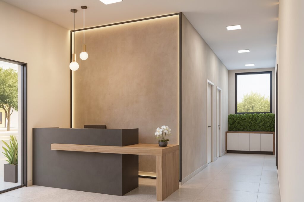 Modern office reception area with minimalist design. Features a contemporary L-shaped reception desk combining matte black and light wood finishes, with a small white orchid plant on the counter. The space is illuminated by pendant globe lights and subtle concealed LED strip lighting along the ceiling. Neutral beige walls and light floor tiles keep the area bright and airy. Along the hallway, a large window lets in natural light, with a green plant arrangement atop a storage cabinet and additional potted greenery for a refreshing, professional look.