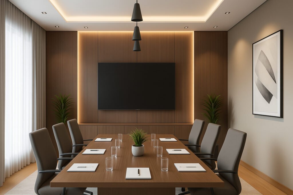 Modern conference room featuring a rectangular wooden table with eight gray executive chairs, all positioned neatly around the table. Each seating spot is set with a glass of water, a notepad, and a pen. The room has warm wooden wall paneling on one end with a large flat-screen monitor, concealed ambient lighting, two tall potted plants in the corners, and minimalist decorative elements including a single abstract black-and-white framed art piece. Pendant lights hang centrally above the table, and natural light softly filters in through sheer curtains, creating a professional and inviting meeting environme