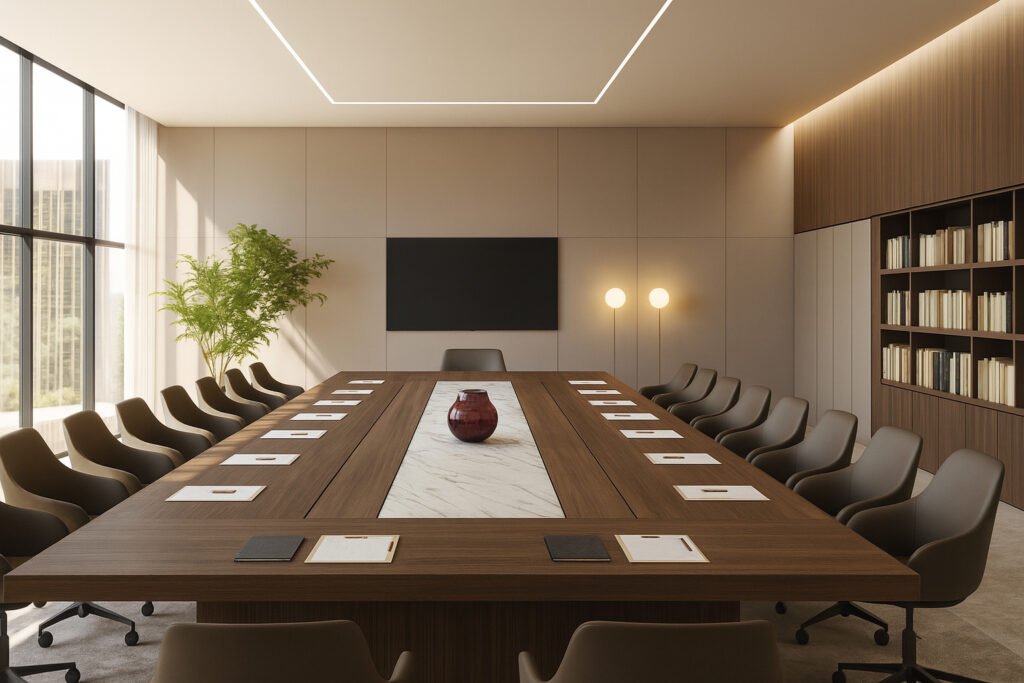 Modern conference room featuring a rectangular wooden table with eight gray executive chairs, all positioned neatly around the table. Each seating spot is set with a glass of water, a notepad, and a pen. The room has warm wooden wall paneling on one end with a large flat-screen monitor, concealed ambient lighting, two tall potted plants in the corners, and minimalist decorative elements including a single abstract black-and-white framed art piece. Pendant lights hang centrally above the table, and natural light softly filters in through sheer curtains, creating a professional and inviting meeting environment.