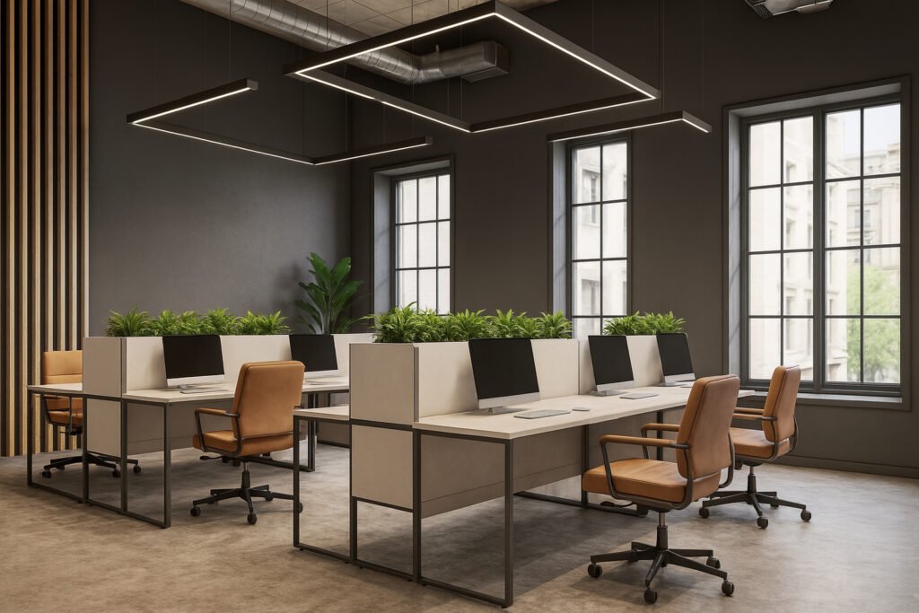 Modern open-plan office with minimalist design, featuring clusters of large white workstations equipped with computers and stylish tan leather office chairs. Central partitions host lush green plants, adding freshness and privacy to the workspaces. The room is illuminated by geometric black pendant lights and bathed in natural light from tall, black-framed windows against sleek gray walls. Industrial ceiling ductwork and subtle wood slat accents along one wall complete the look, creating an airy, contemporary, and productive environment.