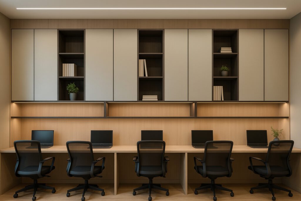 Modern coworking office with five workstations, each equipped with a laptop and a black ergonomic mesh chair. The workspace features a long, built-in light wood desk, warm under-cabinet LED lighting, and neutral walls. Overhead, there are sleek wall-mounted cabinets in soft gray with several open shelves displaying neatly arranged books and green potted plants, contributing to a tidy and inviting atmosphere.