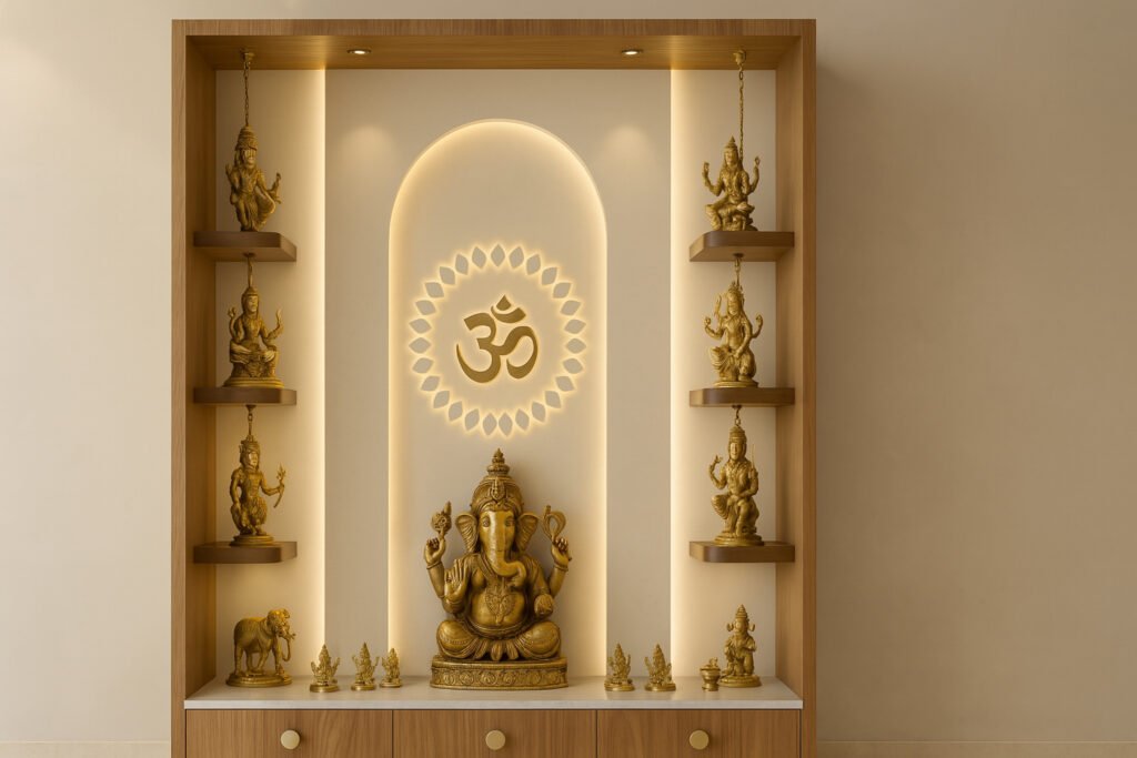Modern home temple (mandir) with a golden Ganesha idol prominently placed at the center of a wooden altar niche, highlighted by soft backlighting and recessed cove lights. The background features an illuminated "Om" symbol within a stylized lotus motif. Flanking the altar, open shelves display coordinated golden Hindu deity statues, a small elephant, and miniature idols. The design uses warm wood tones, gentle lighting, and uncluttered arrangement to create a serene, contemporary, and spiritual ambiance.