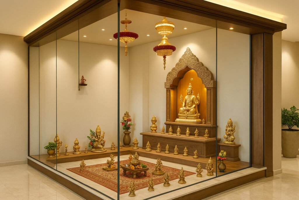 Modern glass-enclosed pooja room (home mandir) with a grand golden idol of Lord Ganesha at the center, set within an ornate wooden alcove and backlit with warm ambient lighting. The raised wooden platform is adorned with smaller golden deity statues, traditional brass lamps, vases with fresh flowers, and leafy potted plants. Red and gold hanging temple lamps decorate the ceiling, while a richly patterned area rug covers the floor, setting a serene, spiritual atmosphere in the stylish space.