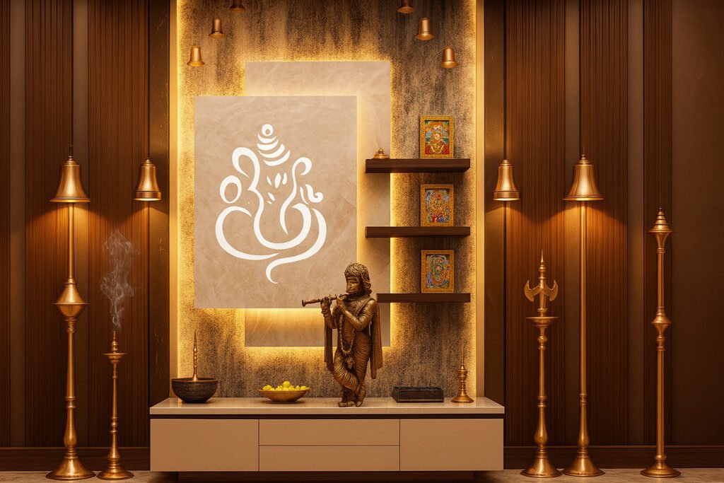 Modern pooja (prayer) room featuring a sophisticated gold and beige design. Central to the space is a Krishna idol playing the flute, positioned on a sleek white altar. The background consists of layered panels with a glowing abstract Ganesh mural in white. Floating dark wood shelves on one side display framed images of Hindu deities. Flanked by tall brass oil lamps and hanging temple bells, the space exudes a serene and spiritual ambiance, elegantly accented by warm ambient lighting and subtle incense smoke.