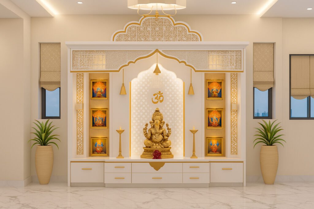 Modern home pooja mandir with a golden Ganesha idol in the center, set against a white and gold lattice backdrop. The design features illuminated shelves on both sides displaying framed pictures of Hindu deities, traditional brass oil lamps, and elegant gold detailing. Two large potted green plants are symmetrically placed on the floor, and the entire space is bright, serene, and spiritually inviting.